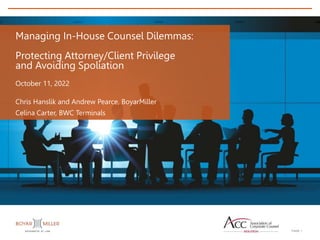 PAGE 1
Managing In-House Counsel Dilemmas:
Protecting Attorney/Client Privilege
and Avoiding Spoliation
October 11, 2022
Chris Hanslik and Andrew Pearce, BoyarMiller
Celina Carter, BWC Terminals
 