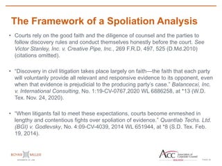 PAGE
The Framework of a Spoliation Analysis
24
• Courts rely on the good faith and the diligence of counsel and the parties to
follow discovery rules and conduct themselves honestly before the court. See
Victor Stanley, Inc. v. Creative Pipe, Inc., 269 F.R.D. 497, 525 (D.Md.2010)
(citations omitted).
• “Discovery in civil litigation takes place largely on faith—the faith that each party
will voluntarily provide all relevant and responsive evidence to its opponent, even
when that evidence is prejudicial to the producing party’s case.” Balancecxi, Inc.
v. International Consulting, No. 1:19-CV-0767,2020 WL 6886258, at *13 (W.D.
Tex. Nov. 24, 2020).
• “When litigants fail to meet these expectations, courts become enmeshed in
lengthy and contentious fights over spoliation of evidence.” Quantlab Techs. Ltd.
(BGI) v. Godlevsky, No. 4:09-CV-4039, 2014 WL 651944, at *8 (S.D. Tex. Feb.
19, 2014).
 