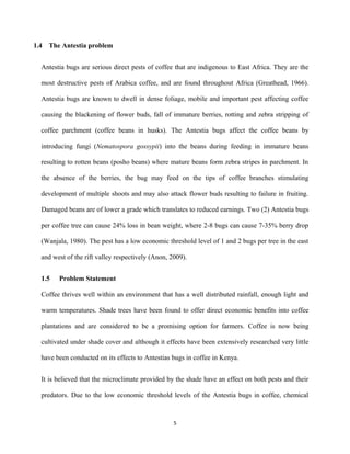 1.4 The Antestia problem
Antestia bugs are serious direct pests of coffee that are indigenous to East Africa. They are the
most destructive pests of Arabica coffee, and are found throughout Africa (Greathead, 1966).
Antestia bugs are known to dwell in dense foliage, mobile and important pest affecting coffee
causing the blackening of flower buds, fall of immature berries, rotting and zebra stripping of
coffee parchment (coffee beans in husks). The Antestia bugs affect the coffee beans by
introducing fungi (Nematospora gossypii) into the beans during feeding in immature beans
resulting to rotten beans (posho beans) where mature beans form zebra stripes in parchment. In
the absence of the berries, the bug may feed on the tips of coffee branches stimulating
development of multiple shoots and may also attack flower buds resulting to failure in fruiting.
Damaged beans are of lower a grade which translates to reduced earnings. Two (2) Antestia bugs
per coffee tree can cause 24% loss in bean weight, where 2-8 bugs can cause 7-35% berry drop
(Wanjala, 1980). The pest has a low economic threshold level of 1 and 2 bugs per tree in the east
and west of the rift valley respectively (Anon, 2009).
1.5 Problem Statement
Coffee thrives well within an environment that has a well distributed rainfall, enough light and
warm temperatures. Shade trees have been found to offer direct economic benefits into coffee
plantations and are considered to be a promising option for farmers. Coffee is now being
cultivated under shade cover and although it effects have been extensively researched very little
have been conducted on its effects to Antestias bugs in coffee in Kenya.
It is believed that the microclimate provided by the shade have an effect on both pests and their
predators. Due to the low economic threshold levels of the Antestia bugs in coffee, chemical
5
 