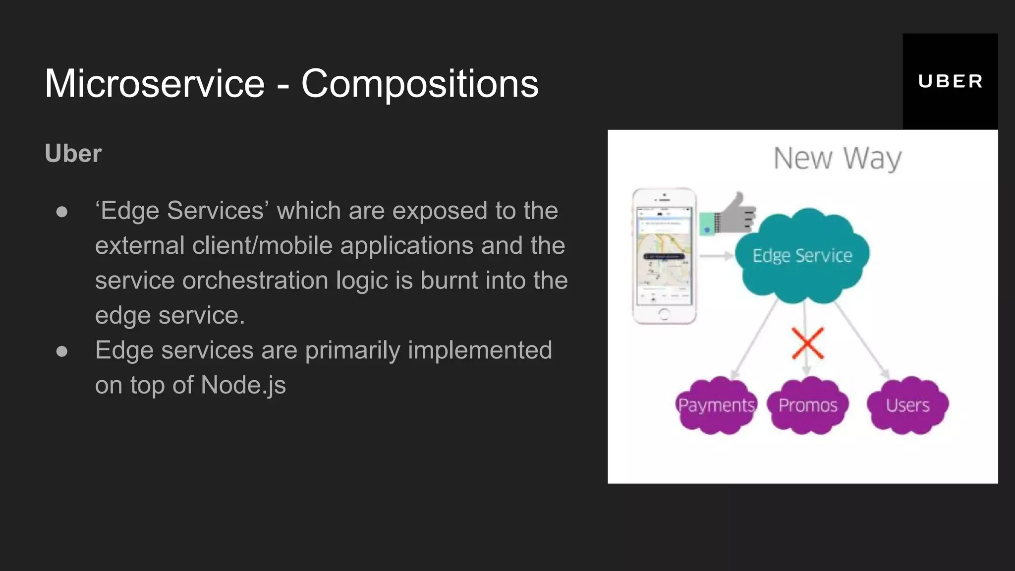Microservice - Compositions Uber ● ‘Edge Services’ which are exposed to the external client/mobile applications and the service orchestration logic is burnt into the edge service. ● Edge services are primarily implemented on top of Node.js 