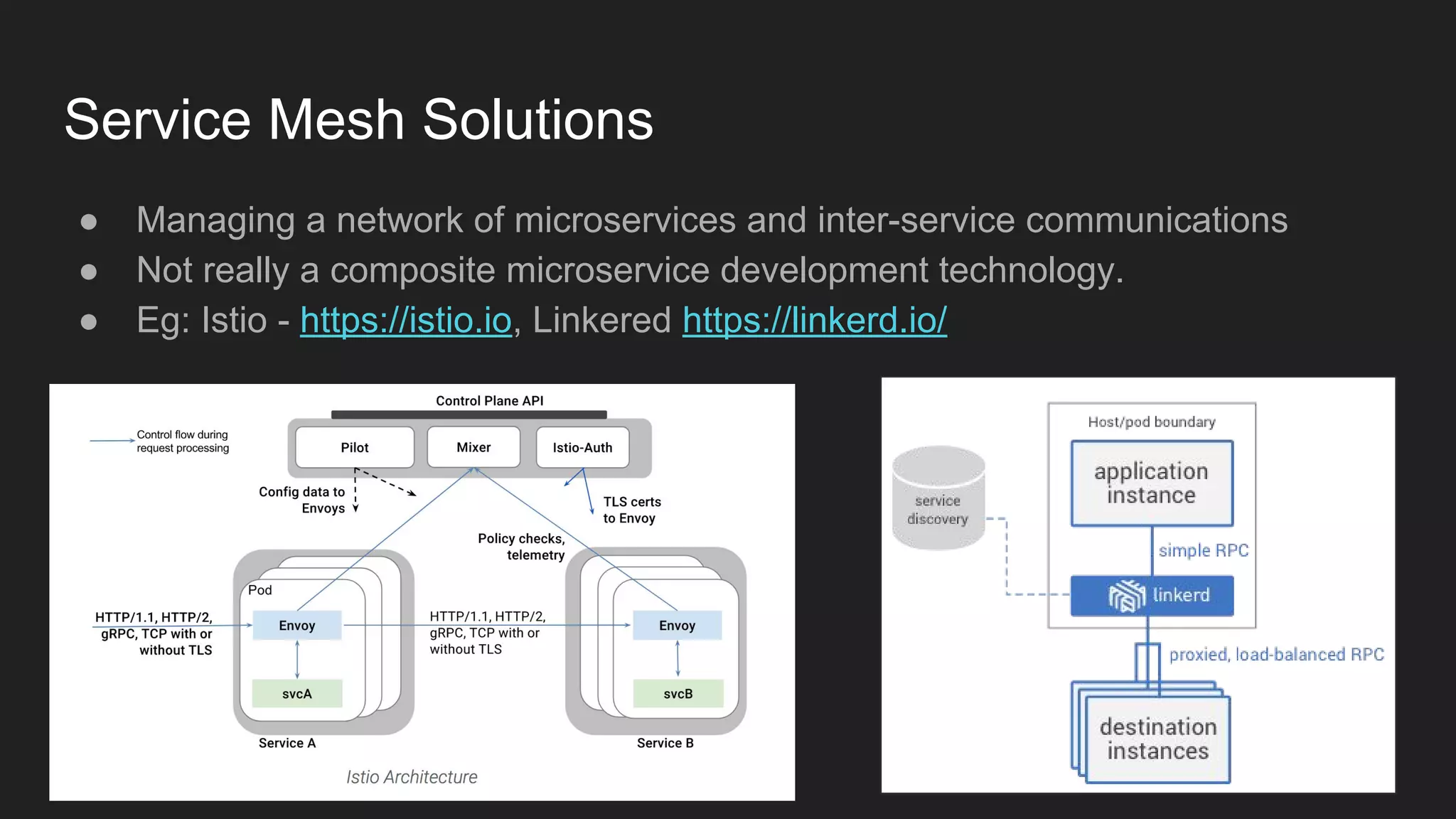 ● Managing a network of microservices and inter-service communications ● Not really a composite microservice development technology. ● Eg: Istio - https://istio.io, Linkered https://linkerd.io/ Service Mesh Solutions 