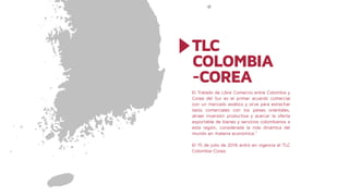 TLC
COLOMBIA
-COREA
El Tratado de Libre Comercio entre Colombia y
Corea del Sur es el primer acuerdo comercial
con un merc...