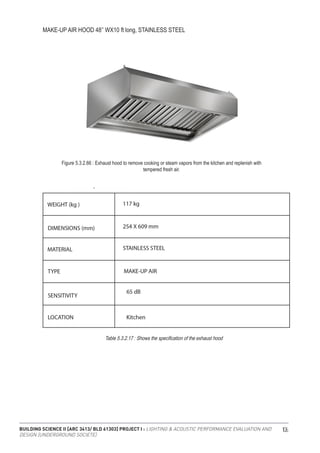 BUILDING SCIENCE II [ARC 3413/ BLD 61303] PROJECT I : LIGHTING & ACOUSTIC PERFORMANCE EVALUATION AND
DESIGN [UNDERGROUND SOCIETE]
106
MAKE-UP AIR HOOD 48’’ WX10 ft long, STAINLESS STEEL
Figure 5.3.2.66 : Exhaust hood to remove cooking or steam vapors from the kitchen and replenish with
tempered fresh air.
Table 5.3.2.17 : Shows the specification of the exhaust hood
 