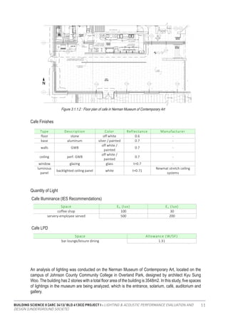 BUILDING SCIENCE II [ARC 3413/ BLD 61303] PROJECT I : LIGHTING & ACOUSTIC PERFORMANCE EVALUATION AND
DESIGN [UNDERGROUND SOCIETE]
11
An analysis of lighting was conducted on the Nerman Museum of Contemporary Art, located on the
campus of Johnson County Community College in Overland Park, designed by architect Kyu Sung
Woo. The building has 2 stories with a total floor area of the building is 3548m2. In this study, five spaces
of lightings in the museum are being analyzed, which is the entrance, solarium, café, auditorium and
gallery.
Figure 3.1.1.2 : Floor plan of cafe in Nerman Museum of Contemporary Art
Cafe Finishes
Quantity of Light
Cafe Illuminance (IES Recommendations)
Cafe LPD
 