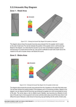 BUILDING SCIENCE II [ARC 3413/ BLD 61303] PROJECT I : LIGHTING & ACOUSTIC PERFORMANCE EVALUATION AND
DESIGN [UNDERGROUND SOCIETE]
118
5.3.5 Acoustic Ray Diagram
Zone 1 : Retail Area
Zone 2 : Bistro Area
Figure 5.3.5.1 : Showing the Acoustic Ray Diagram from speaker at retail area
Figure 5.3.5.2 : Showing the Acoustic Ray Diagram from the speaker at bistro area
The diagram above shows the acoustic bouncing rays produced from the speaker which located
on the wall of retail area.The red dot indicates the position of the speaker which is still functioning.
Based on the diagram, we notice that the acoustic ray are more concentrated at speaker source
and bouncing in an equal amount of the ray. Less sound is reflected at south side of plan due to the
material of the wall is wooden where it will absorb the sound.
The diagram above shows the acoustic rays produced from the 3 speakers on the wall of the bistro area.
The red dots indicate the existing position of the speakers and in a functioning condition. Based on the
diagram, we can observe that the bouncing rays produced by speaker are more concentrated at corner
of the plan. The corner plays a role to collects sound. Besides, less bouncing ray reflected at north
area of the plan due to more equipment and human activities taken place around that area where it will
diffuse the sound. Moreover, small amount of bouncing rays permeating into the centre of bistro area.
 
