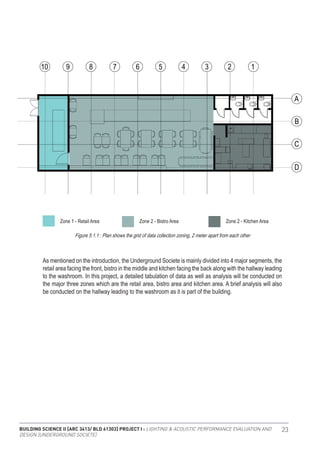 BUILDING SCIENCE II [ARC 3413/ BLD 61303] PROJECT I : LIGHTING & ACOUSTIC PERFORMANCE EVALUATION AND
DESIGN [UNDERGROUND SOCIETE]
23
Figure 5.1.1 : Plan shows the grid of data collection zoning, 2 meter apart from each other
Zone 1 - Retail Area Zone 2 - Bistro Area Zone 2 - Kitchen Area
As mentioned on the introduction, the Underground Societe is mainly divided into 4 major segments, the
retail area facing the front, bistro in the middle and kitchen facing the back along with the hallway leading
to the washroom. In this project, a detailed tabulation of data as well as analysis will be conducted on
the major three zones which are the retail area, bistro area and kitchen area. A brief analysis will also
be conducted on the hallway leading to the washroom as it is part of the building.
 
