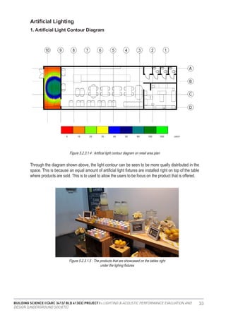 BUILDING SCIENCE II [ARC 3413/ BLD 61303] PROJECT I : LIGHTING & ACOUSTIC PERFORMANCE EVALUATION AND
DESIGN [UNDERGROUND SOCIETE]
33
Through the diagram shown above, the light contour can be seen to be more qually distributed in the
space. This is because an equal amount of artificial light fixtures are installed right on top of the table
where products are sold. This is to used to allow the users to be focus on the product that is offered.
Figure 5.2.3.1.4 : Artifical light contour diagram on retail area plan
Figure 5.2.3.1.5 : The products that are showcased on the tables right
under the lighing fixtures
Artificial Lighting
1. Artificial Light Contour Diagram
 