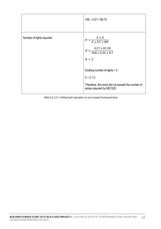 BUILDING SCIENCE II [ARC 3413/ BLD 61303] PROJECT I : LIGHTING & ACOUSTIC PERFORMANCE EVALUATION AND
DESIGN [UNDERGROUND SOCIETE]
43
Table 5.2.3.2.4 : Artificial light calculation on cool compact fluorescent lamp
 
