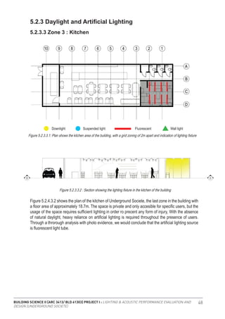 BUILDING SCIENCE II [ARC 3413/ BLD 61303] PROJECT I : LIGHTING & ACOUSTIC PERFORMANCE EVALUATION AND
DESIGN [UNDERGROUND SOCIETE]
48
Figure 5.2.4.3.2 shows the plan of the kitchen of Underground Societe, the last zone in the building with
a floor area of approximately 18.7m. The space is private and only accesible for specific users, but the
usage of the space requires sufficient lighting in order ro precent any form of injury, With the absence
of natural daylight, heavy reliance on artificial lighting is required throughout the presence of users.
Through a throrough analysis with photo evidence, we would conclude that the artificial lighting source
is fluorescent light tube.
Figure 5.2.3.3.1: Plan shows the kitchen area of the building, with a grid zoning of 2m apart and indication of lighting fixture
Figure 5.2.3.3.2 : Section showing the lighting fixture in the kitchen of the building
5.2.3 Daylight and Artificial Lighting
5.2.3.3 Zone 3 : Kitchen
Downlight Suspended light Fluorescent Wall light
 