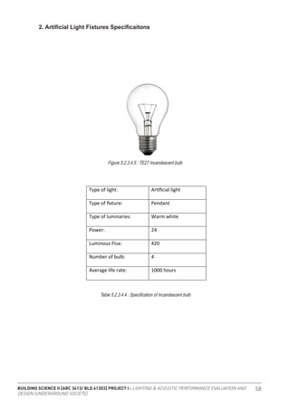 BUILDING SCIENCE II [ARC 3413/ BLD 61303] PROJECT I : LIGHTING & ACOUSTIC PERFORMANCE EVALUATION AND
DESIGN [UNDERGROUND SOCIETE]
58
2. Artificial Light Fixtures Specificaitons
AREA
Type of light: Artiﬁcial light
Type of ﬁxture: Pendant
Type of luminaries: Warm white
Power: 24
Luminous Flux: 420
Number of bulb: 4
Average life rate: 1000 hours
E27 incandescent bulb
Figure 5.2.3.4.5 : TE27 Incandescent bulb
Table 5.2.3.4.4 : Specification of Incandescent bulb
 