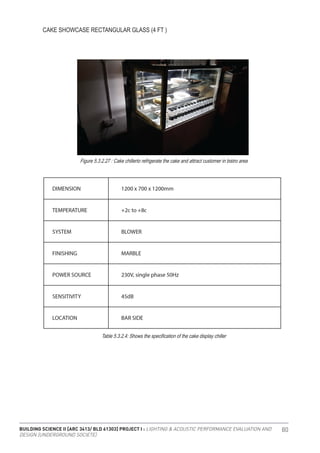 BUILDING SCIENCE II [ARC 3413/ BLD 61303] PROJECT I : LIGHTING & ACOUSTIC PERFORMANCE EVALUATION AND
DESIGN [UNDERGROUND SOCIETE]
80
CAKE SHOWCASE RECTANGULAR GLASS (4 FT )
Figure 5.3.2.27 : Cake chillerto refrigerate the cake and attract customer in bistro area
Table 5.3.2.4: Shows the specification of the cake display chiller
 