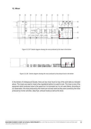 BUILDING SCIENCE II [ARC 3413/ BLD 61303] PROJECT I : LIGHTING & ACOUSTIC PERFORMANCE EVALUATION AND
DESIGN [UNDERGROUND SOCIETE]
107
12. Mixer
Figure 5.3.2.67: Section diagram showing the noice produced by the mixer in the kitchen
Figure 5.3.2.68 : Section diagram showing the noice produced by the exhaust hood in the kitchen
In the kitchen of Underground Societe, there are two mixer found on top of the work table as indicated
above. The mixers are used to mixed a few ingredients before it is used to cook. The mixer is one of the
equipment which produces noise to the space but it is inconstant as it is not used oftenly. According to
our observation, the noise produced by the mixers are not eaily heard as they were covered by the noise
produced by human activities, deep fryer, exhaust hoods as well as the stove.
 