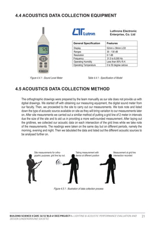 BUILDING SCIENCE II [ARC 3413/ BLD 61303] PROJECT I : LIGHTING & ACOUSTIC PERFORMANCE EVALUATION AND
DESIGN [UNDERGROUND SOCIETE]
21
4.4 ACOUSTICS DATA COLLECTION EQUIPMENT
4.5 ACOUSTICS DATA COLLECTION METHOD
The orthoghraphic drawings were prepared by the team manuallly as our site does not provide us with
dgitial drawings. We started off with obtaining our measuring equipment, the digital sound meter from
our faculty. Then, we proceeded to the site to carry out our measurements. We took note and listed
down the type of acoustic source available on site as they will bring variaiton to our measurements later
on. After site meaurements we carried out a simillar method of putting a grid line of 2 meter in intervals
due the size of the site and to aid us in providing a more well-rounded measurement. After laying out
the gridlines, we collected our acoustic data on each intersection of the grid lines while we take note
of the measurements. The readings were taken on the same day but on different periods, namely the
morning, evening and night. Then we tabulated the data and listed out the different acoustic sources to
be analysed further on.
Figure 4.4.1 : Sound Level Meter Table 4.4.1 : Specification of Model
Figure 4.5.1 : Illustration of data collection process
3.1 Lighting Data Collection Equipment
Diagram x.xx Specification of ModelDiagram x.xx Sound Level Meter
Diagram x.xx Illustration of data collection process
Taking measurement with
device at different position
Measurement at grid line
intersection recorded
Site measurements for ortho-
grpahic purposes. grid line lay out.
3.4 Acoustic Data Collection Method
The orthoghraphic drawings were prepared by the team manuallly as our site does not provide us with dgitial
drawings. We started off with obtaining our measuring equipment, the digital sound meter from our faculty. Then,
we proceeded to the site to carry out our measurements. We took note and listed down the type of acoustic source
available on site as they will bring variaiton to our measurements later on. After site meaurements we decided to
set up a grid line of 2 meter in intervals due the size of the site and to aid us in providing a more well-rounded
measurement. After laying out the gridlines, we collected our acoustic data on each intersection of the grid lines,
placing the device at a height difference of 1 meter and 1.5 meters. The readings were taken on the same day but
on different periods, namely the morning, evening and night. Then we tabulated the data and listed out the different
acoustic sources to be analysed further on.
3.1 Lighting Data Collection Equipment
General Specification Features
Display 52mm x 38mm LCD
Ranges 30 - 130 dB
Resolution 0.1 dB
Frequency 31.5 to 8,000 Hz
Operating Humidity Less than 85% R.H.
Operating Temperature 0 to 50 degree celcius
Diagram x.xx Specification of ModelDiagram x.xx Sound Level Meter
Diagram x.xx Illustration of acoustic data collection process
Taking measurement with
device at different position
Measurement at grid line
intersection recorded
Site measurements for ortho-
grpahic purposes. grid line lay out.
3.4 Acoustic Data Collection Method
The orthoghraphic drawings were prepared by the team manuallly as our site does not provide us with dgitial
drawings. We started off with obtaining our measuring equipment, the digital sound meter from our faculty. Then,
we proceeded to the site to carry out our measurements. We took note and listed down the type of acoustic
source available on site as they will bring variaiton to our measurements later on. After site meaurements we
carried out a simillar method of putting a grid line of 2 meter in intervals due the size of the site and to aid us in
providing a more well-rounded measurement. After laying out the gridlines, we collected our acoustic data on
each intersection of the grid lines while we take note of the measurements. The readings were taken on the
same day but on different periods, namely the morning, evening and night. Then we tabulated the data and
listed out the different acoustic sources to be analysed further on.
Luthrons Electronic
Enterprise, Co. Ltd
 