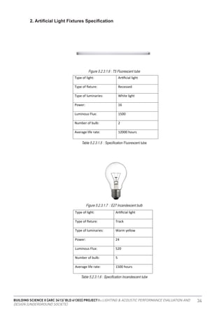 BUILDING SCIENCE II [ARC 3413/ BLD 61303] PROJECT I : LIGHTING & ACOUSTIC PERFORMANCE EVALUATION AND
DESIGN [UNDERGROUND SOCIETE]
34
2. Artificial Light Fixtures Specification
Figure 5.2.3.1.6 : T5 Fluorescent tube
Table 5.2.3.1.5 : Specification Fluorescent tube
Figure 5.2.3.1.7 : E27 Incandescent bulb
Table 5.2.3.1.6 : Specification Incandescent tube
Type of light: Artiﬁcial light
Type of ﬁxture: Track
Type of luminaries: Warm yellow
Power: 24
Luminous Flux: 520
Number of bulb: 5
Average life rate: 1500 hours
PAR 20 Halogen light bulb
Type of light: Artiﬁcial light
Type of ﬁxture: Recessed
Type of luminaries: White light
Power: 16
Luminous Flux: 1500
Number of bulb: 2
Average life rate: 12000 hours
T5 Fluorescent Tube
RETAIL AREA
Type of light: Artiﬁcial light
Type of ﬁxture: Track
Type of luminaries: Warm yellow
Power: 24
Luminous Flux: 520
Number of bulb: 5
Average life rate: 1500 hours
PAR 20 Halogen light bulb
Type of light: Artiﬁcial light
Type of ﬁxture: Recessed
Type of luminaries: White light
Power: 16
Luminous Flux: 1500
Number of bulb: 2
Average life rate: 12000 hours
T5 Fluorescent Tube
RETAIL AREA
 