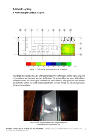 BUILDING SCIENCE II [ARC 3413/ BLD 61303] PROJECT I : LIGHTING & ACOUSTIC PERFORMANCE EVALUATION AND
DESIGN [UNDERGROUND SOCIETE]
49
Artificial Lighting
1. Artificial Light Contour Diagram
According to the Figure 5.2.4.3.3, the lighting percentage on the kitchen space is rather higher compared
to the retail area and bistro area which are slightly lower. The amount of light and type of lighting fixture
is higher and has a much more higher lumionous flux. It also uses cool color lighting. All these features
are to allow the workers and chef to be able to comfortably complete their job and prevent any mistakes
that would cause injuries.
Figure 5.2.3.3.3 : Artificial light contour plan of the Kitchen Area
Figure 5.2.3.3.4 : Image shows the drastic changes between the
kitchen lighting and outside kitchen area
 