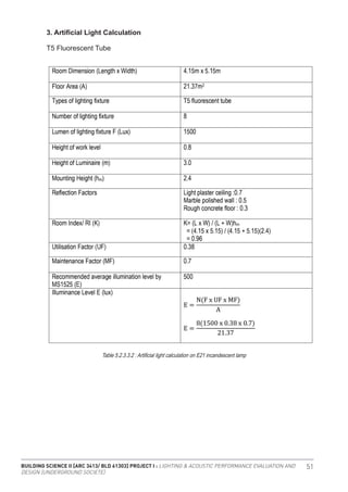 BUILDING SCIENCE II [ARC 3413/ BLD 61303] PROJECT I : LIGHTING & ACOUSTIC PERFORMANCE EVALUATION AND
DESIGN [UNDERGROUND SOCIETE]
51
3. Artificial Light Calculation
T5 Fluorescent Tube
Table 5.2.3.3.2 : Artificial light calculation on E21 incandescent lamp
 