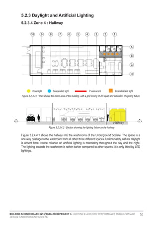 BUILDING SCIENCE II [ARC 3413/ BLD 61303] PROJECT I : LIGHTING & ACOUSTIC PERFORMANCE EVALUATION AND
DESIGN [UNDERGROUND SOCIETE]
53
Figure 5.2.4.4.1 shows the hallway into the washrooms of the Underground Societe. The space is a
one way passage to the washroom from all other three different spaces. Unfortunately, natural daylight
is absent here, hence reliance on artificial lighting is mandatory throughout the day and the night.
The lighting towards the washroom is rather darker compared to other spaces, it is only litted by LED
lightings.
Figure 5.2.3.4.1 : Plan shows the bistro area of the building, with a grid zoning of 2m apart and indication of lighting fixture
Figure 5.2.3.4.2 : Section showing the lighting fixture on the hallway
5.2.3 Daylight and Artificial Lighting
5.2.3.4 Zone 4 : Hallway
Downlight Suspended light Fluorescent Incandescent light
 