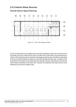 BUILDING SCIENCE II [ARC 3413/ BLD 61303] PROJECT I : LIGHTING & ACOUSTIC PERFORMANCE EVALUATION AND
DESIGN [UNDERGROUND SOCIETE]
68
In terms of spatial planning, the designer did a great job by designing a retail area on the front part of
the building not just as a retail zone but also as a buffer zone so that exterior noise produced by the
vehicle on the mainroad as well as noises from the garages around the area. The kitchen is also placed
at the very end of the building to minimize the noise which will affect the bistro area. In addition to that,
the extrance of the kitechen is also shifted away from the bistro area thus preventing the noise from the
kitchen directly transmitted into the bistro area. Therefore, the customers at the bistro area will not be
distracted by any maximum negative noise.
5.3.2 Interior Noise Sources
Overall Interior Space Planning
Figure 5.3.2.1 : Plan of the Underground Societe
 