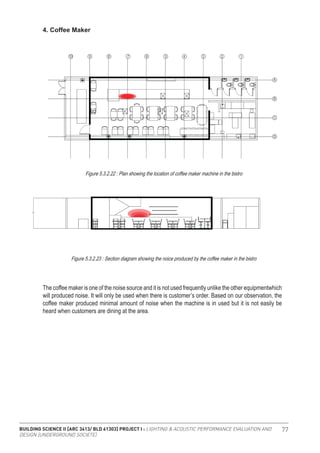 BUILDING SCIENCE II [ARC 3413/ BLD 61303] PROJECT I : LIGHTING & ACOUSTIC PERFORMANCE EVALUATION AND
DESIGN [UNDERGROUND SOCIETE]
77
4. Coffee Maker
Figure 5.3.2.22 : Plan showing the location of coffee maker machine in the bistro
Figure 5.3.2.23 : Section diagram showing the noice produced by the coffee maker in the bistro
The coffee maker is one of the noise source and it is not used frequently unlike the other equipmentwhich
will produced noise. It will only be used when there is customer’s order. Based on our observation, the
coffee maker produced minimal amount of noise when the machine is in used but it is not easily be
heard when customers are dining at the area.
 