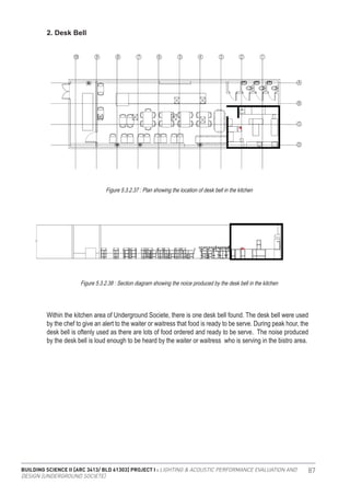 BUILDING SCIENCE II [ARC 3413/ BLD 61303] PROJECT I : LIGHTING & ACOUSTIC PERFORMANCE EVALUATION AND
DESIGN [UNDERGROUND SOCIETE]
87
2. Desk Bell
Figure 5.3.2.37 : Plan showing the location of desk bell in the kitchen
Figure 5.3.2.38 : Section diagram showing the noice produced by the desk bell in the kitchen
Within the kitchen area of Underground Societe, there is one desk bell found. The desk bell were used
by the chef to give an alert to the waiter or waitress that food is ready to be serve. During peak hour, the
desk bell is oftenly used as there are lots of food ordered and ready to be serve. The noise produced
by the desk bell is loud enough to be heard by the waiter or waitress who is serving in the bistro area.
 