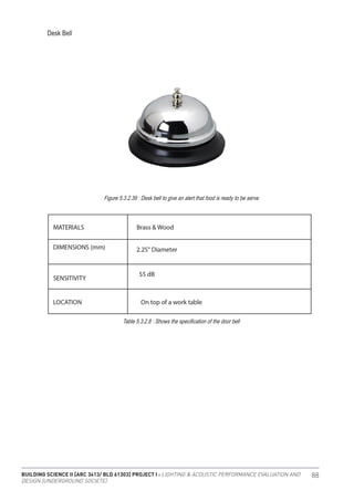 BUILDING SCIENCE II [ARC 3413/ BLD 61303] PROJECT I : LIGHTING & ACOUSTIC PERFORMANCE EVALUATION AND
DESIGN [UNDERGROUND SOCIETE]
88
Desk Bell
Figure 5.3.2.39 : Desk bell to give an alert that food is ready to be serve
Table 5.3.2.8 : Shows the specification of the door bell
 