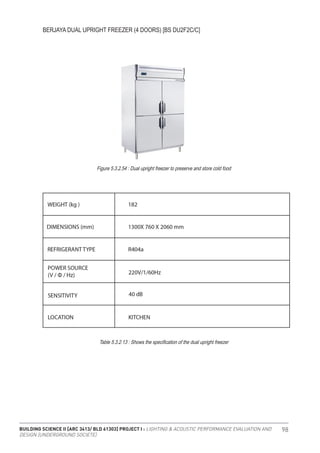 BUILDING SCIENCE II [ARC 3413/ BLD 61303] PROJECT I : LIGHTING & ACOUSTIC PERFORMANCE EVALUATION AND
DESIGN [UNDERGROUND SOCIETE]
98
BERJAYA DUAL UPRIGHT FREEZER (4 DOORS) [BS DU2F2C/C]
Figure 5.3.2.54 : Dual upright freezer to preserve and store cold food
Table 5.3.2.13 : Shows the specification of the dual upright freezer
 