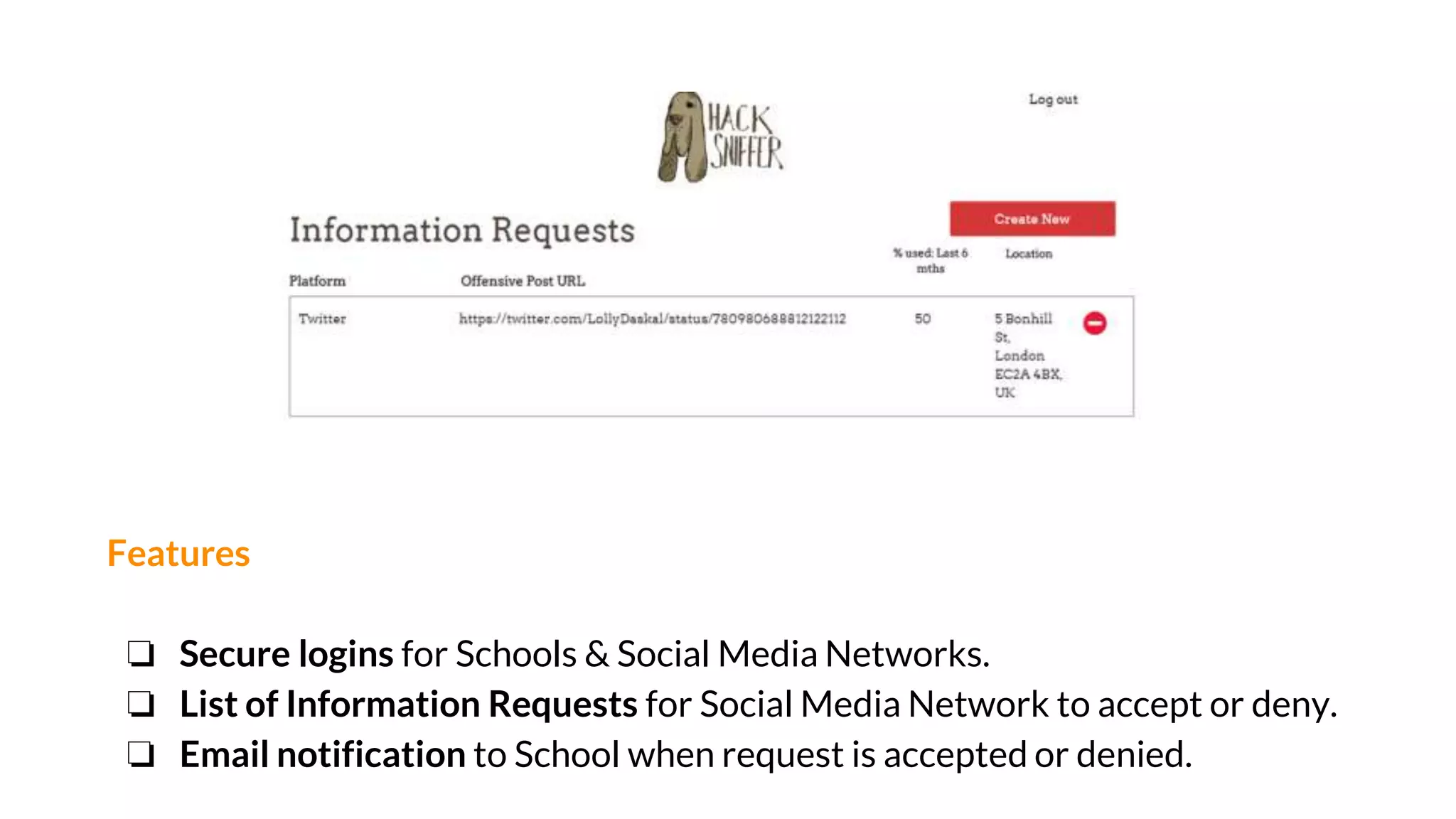 Features
❏ Secure logins for Schools & Social Media Networks.
❏ List of Information Requests for Social Media Network to accept or deny.
❏ Email notification to School when request is accepted or denied.
 