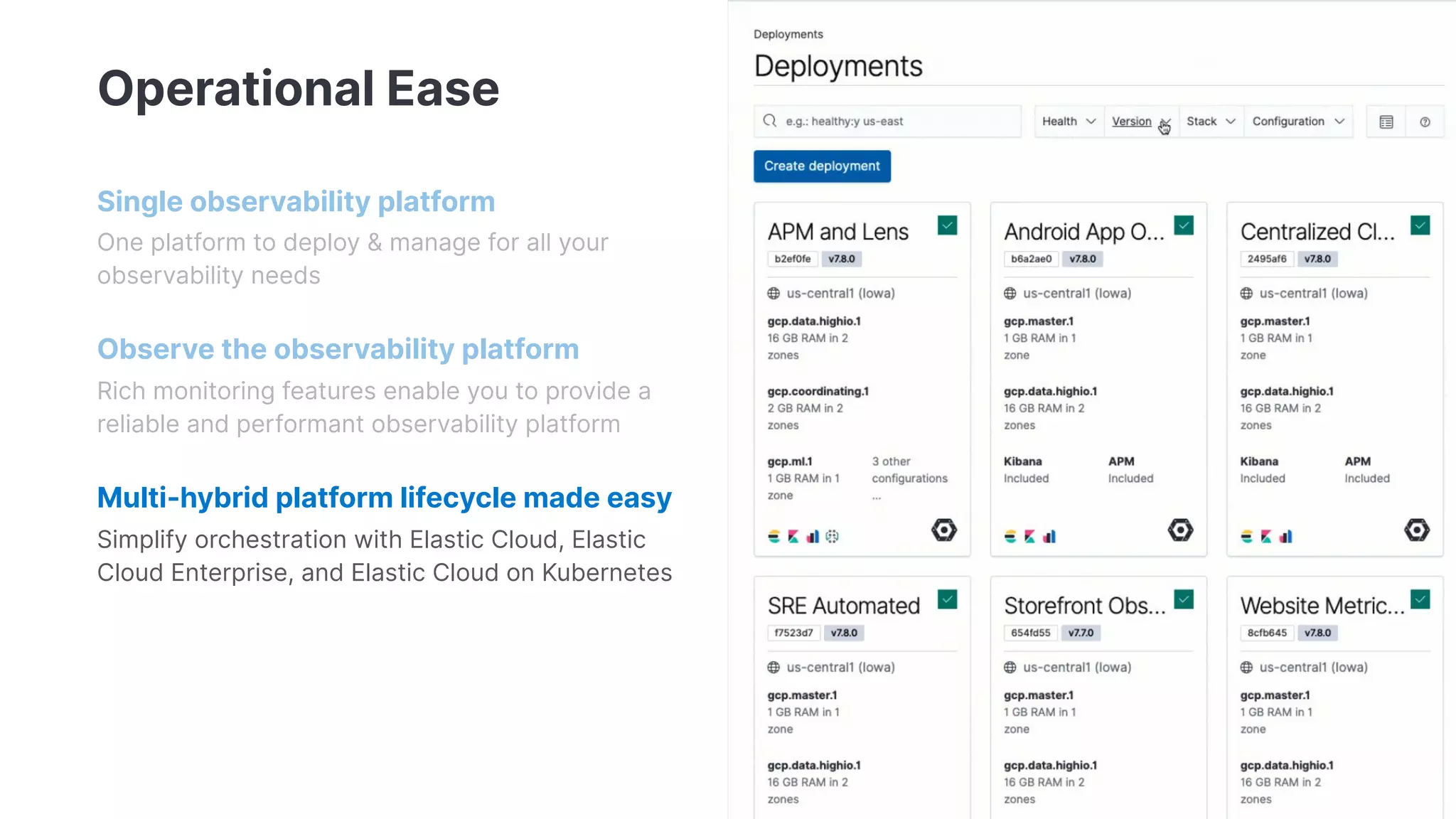 Operational Ease
Single observability platform
One platform to deploy & manage for all your
observability needs
Observe the observability platform
Rich monitoring features enable you to provide a
reliable and performant observability platform
Multi-hybrid platform lifecycle made easy
Simplify orchestration with Elastic Cloud, Elastic
Cloud Enterprise, and Elastic Cloud on Kubernetes
 