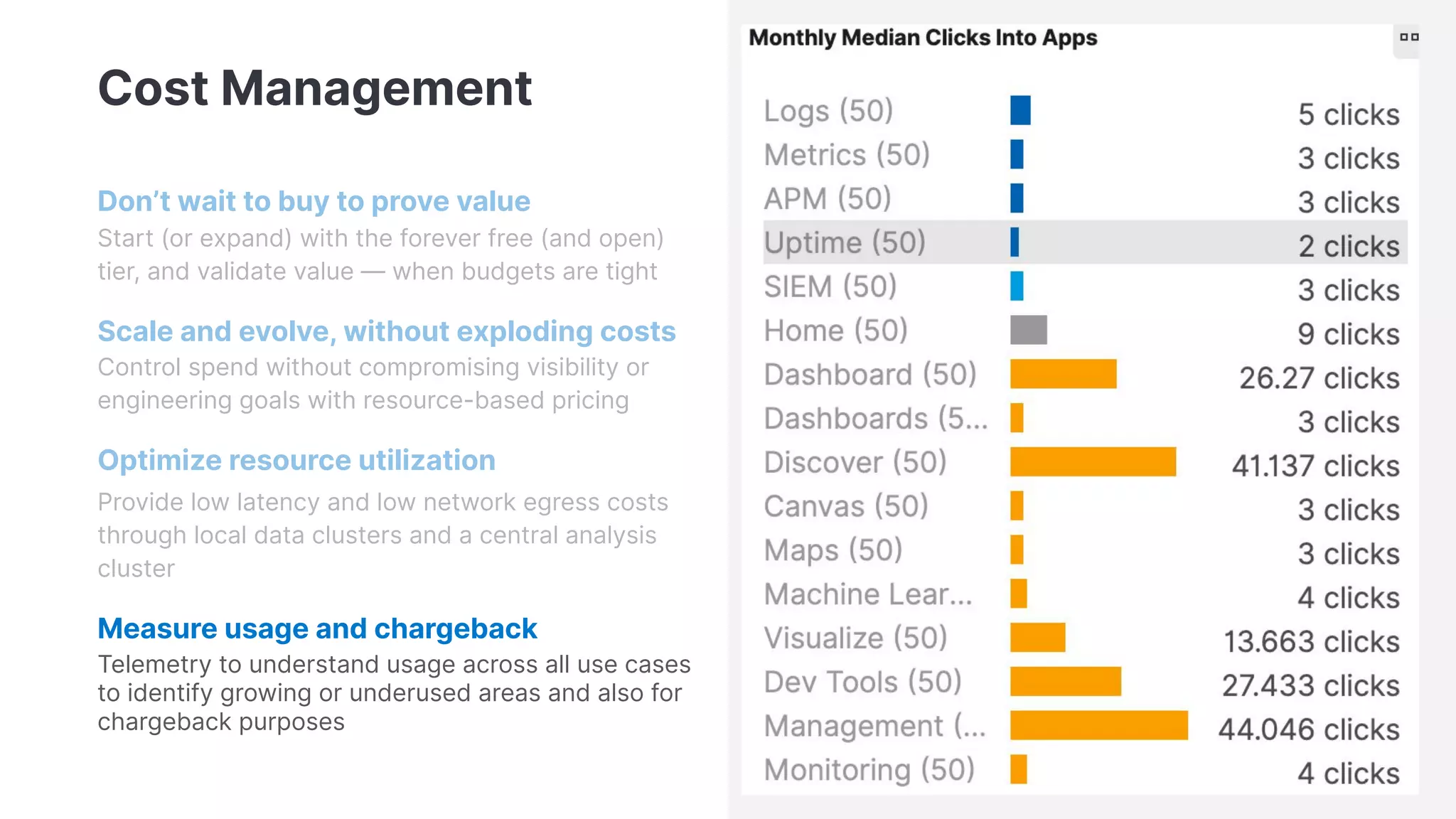Cost Management
Don’t wait to buy to prove value
Start (or expand) with the forever free (and open)
tier, and validate value — when budgets are tight
Scale and evolve, without exploding costs
Control spend without compromising visibility or
engineering goals with resource-based pricing
Optimize resource utilization
Provide low latency and low network egress costs
through local data clusters and a central analysis
cluster
Measure usage and chargeback
Telemetry to understand usage across all use cases
to identify growing or underused areas and also for
chargeback purposes
 