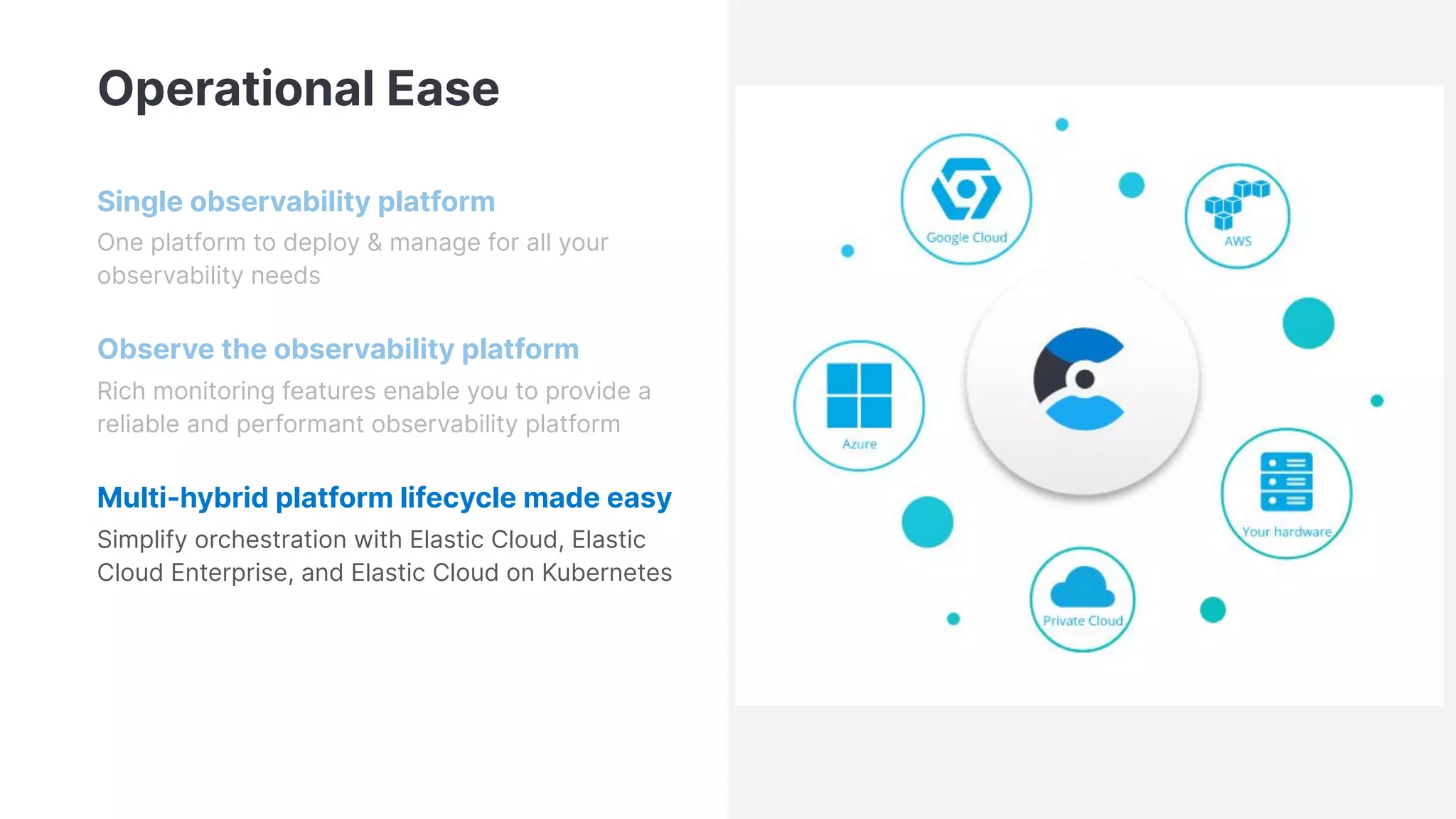 Operational Ease
Single observability platform
One platform to deploy & manage for all your
observability needs
Observe the observability platform
Rich monitoring features enable you to provide a
reliable and performant observability platform
Multi-hybrid platform lifecycle made easy
Simplify orchestration with Elastic Cloud, Elastic
Cloud Enterprise, and Elastic Cloud on Kubernetes
 