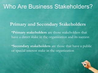 Who Are Business Stakeholders?
Primary and Secondary Stakeholders
•Primary stakeholders are those stakeholders that
have a direct stake in the organization and its success
•Secondary stakeholders are those that have a public
or special interest stake in the organization
 