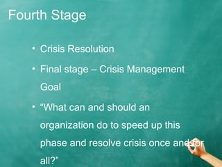Fourth Stage
• Crisis Resolution
• Final stage – Crisis Management
Goal
• “What can and should an
organization do to speed up this
phase and resolve crisis once and for
all?”
 