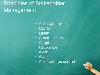 Principles of Stakeholder
Management
• Acknowledge
• Monitor
• Listen
• Communicate
• Adopt
• Recognize
• Work
• Avoid
• Acknowledge conflict
 