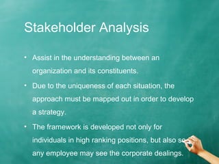 Stakeholder Analysis
• Assist in the understanding between an
organization and its constituents.
• Due to the uniqueness of each situation, the
approach must be mapped out in order to develop
a strategy.
• The framework is developed not only for
individuals in high ranking positions, but also so
any employee may see the corporate dealings.
 