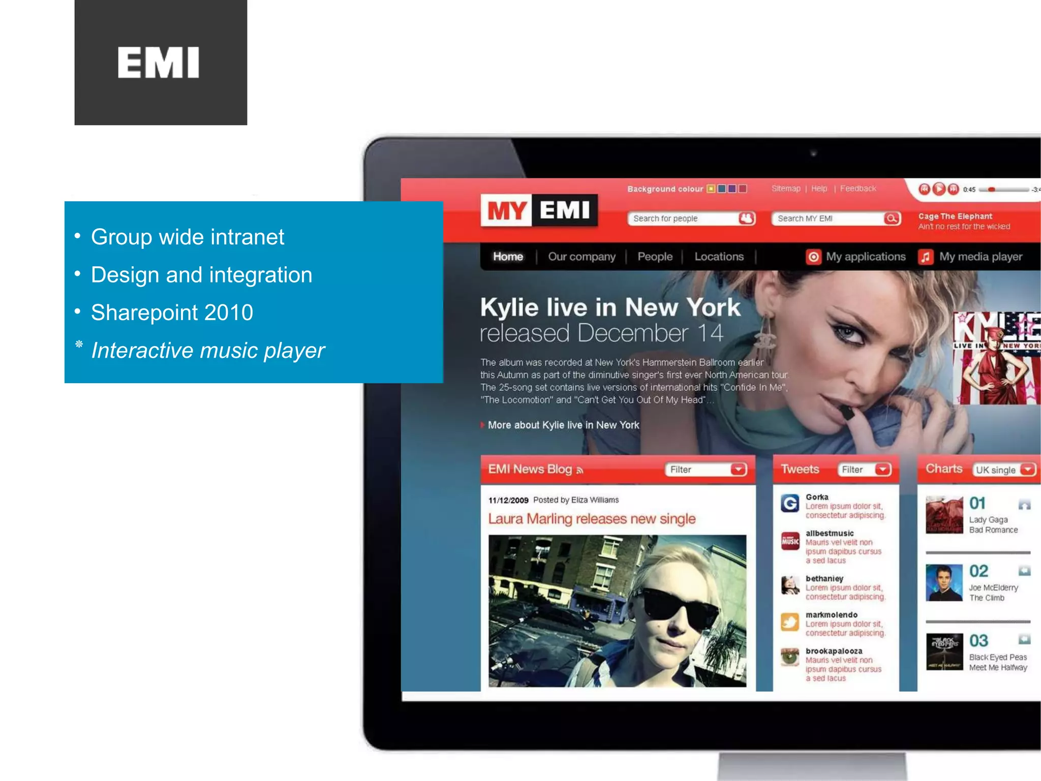 Group wide intranet Design and integration Sharepoint 2010 Interactive music player 