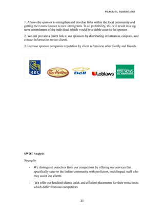 Peaceful TransiTions


1. Allows the sponsor to strengthen and develop links within the local community and
getting their name known to new immigrants. In all probability, this will result in a log
term commitment of the individual which would be a viable asset to the sponsor.
2. We can provide a direct link to our sponsors by distributing information, coupons, and
contact information to our clients.
3. Increase sponsor companies reputation by client referrals to other family and friends.




SWOT Analysis

Strengths

   -   We distinguish ourselves from our competitors by offering our services that
       specifically cater to the Indian community with proficient, multilingual staff who
       may assist our clients

   -   We offer our landlord clients quick and efficient placements for their rental units
       which differ from our competitors



                                            23
 
