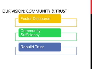 OUR VISION: COMMUNITY & TRUST
        Foster Discourse


        Community
        Sufficiency


        Rebuild Trust
 