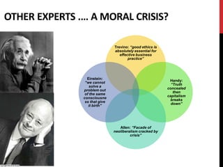 OTHER EXPERTS .… A MORAL CRISIS?

                               Trevino: “good ethics is
                               absolutely essential for
                                  effective business
                                       practice’’




                 Einstein:
                                                           Handy:
                “we cannot
                                                            “Truth
                   solve a
                                                          concealed
               problem out
                                                             then
                of the same
                                                          capitalism
               consciousne
                                                            breaks
                ss that give
                                                            down”
                  it birth”




                                  Allen: “Facade of
                               neoliberalism cracked by
                                        crisis”
 