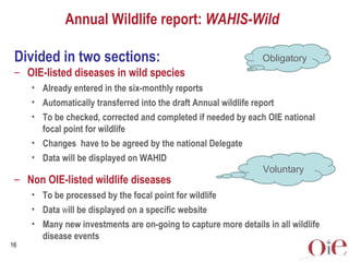 Annual Wildlife report: WAHIS-Wild

 Divided in two sections:                                        Obligatory
 – OIE-lis...
