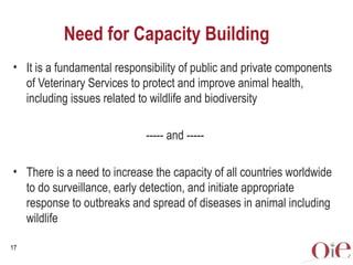 Need for Capacity Building
• It is a fundamental responsibility of public and private components
  of Veterinary Services ...