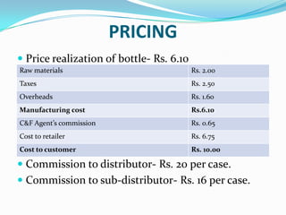 PRICING
 Price realization of bottle- Rs. 6.10
Raw materials

Rs. 2.00

Taxes

Rs. 2.50

Overheads

Rs. 1.60

Manufacturing cost

Rs.6.10

C&F Agent’s commission

Rs. 0.65

Cost to retailer

Rs. 6.75

Cost to customer

Rs. 10.00

 Commission to distributor- Rs. 20 per case.
 Commission to sub-distributor- Rs. 16 per case.

 