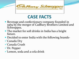CASE FACTS
 Beverage and confectionary company founded in

1969 by the merger of Cadbury Brothers Limited and
Schweppes.
 The market for soft drinks in India has a bright
future.
 Decided to enter India with the following brands Canada Dry
 Canada Crush
 Dr. Pepper
 Lemon, soda and a cola drink

 