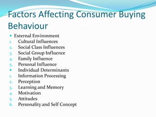 Factors Affecting Consumer Buying
Behaviour
 External Environment
1. Cultural Influences
2. Social Class Influences
3. Social Group Influence
4. Family Influence
5. Personal Influence
 Individual Determinants
1. Information Processing
2. Perception
3. Learning and Memory
4. Motivation
5. Attitudes
6. Personality and Self Concept

 