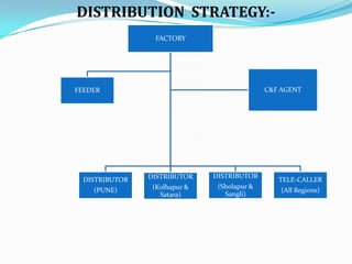 DISTRIBUTION STRATEGY:FACTORY

C&F AGENT

FEEDER

DISTRIBUTOR

DISTRIBUTOR

DISTRIBUTOR

(PUNE)

(Kolhapur &
Satara)

(Sholapur &
Sangli)

TELE-CALLER
(All Regions)

 