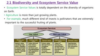 2.1 Biodiversity and Ecosystem Service Value
• Ecosystem Service Values is totally dependent on the diversity of organisms
on Earth.
• Agriculture is more than just growing plants.
• For example, much different kind of insects is pollinators that are extremely
important to the successful fruiting of plants.
 