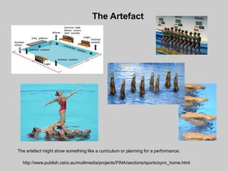 The Artefact




The artefact might show something like a curriculum or planning for a performance.

  http://www.publish.csiro.au/multimedia/projects/FINA/sections/sports/sync_home.html
 