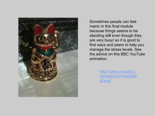 Sometimes people can feel
manic in this final module
because things seems to be
standing still even though they
are very busy! so it is good to
find ways and peers to help you
manage the stress levels. See
the advice on this BBC YouTube
animation.


     http://www.youtube.c
     om/watch?v=hnpQrM
     qDoqE
 