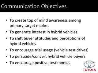 Communication Objectives To create top of mind awareness among primary target market To generate interest in hybrid vehicles To shift buyer attitudes and perceptions of hybrid vehicles To encourage trial usage (vehicle test drives) To persuade/convert hybrid vehicle buyers To encourage positive testimonies 