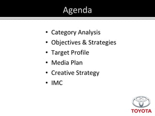 Agenda Category Analysis Objectives & Strategies Target Profile Media Plan Creative Strategy IMC 
