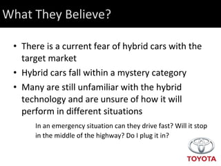 What They Believe? There is a current fear of hybrid cars with the target market Hybrid cars fall within a mystery category Many are still unfamiliar with the hybrid technology and are unsure of how it will perform in different situations In an emergency situation can they drive fast? Will it stop  in the middle of the highway? Do I plug it in? 